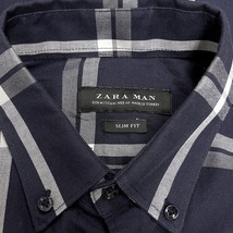 ザラマン ZARA MAN シャツ 長袖 ボタンダウン チェック スリムフィット 胸ポケット 綿100% M ネイビー 紺×ホワイトグレー系 メンズ_画像3