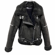 ザラ ZARA フェイクムートン ライダースジャケット 長袖 無地 裏ボア ダブルブレスト アウター ポリ100% XS ブラック 黒 レディース_画像1