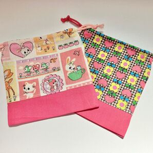 ハンドメイド 【2023 新作】レトロなお花と動物のコップ袋 給食袋 レトロ お花 うさぎ バンビ 入園グッズ 通園通学 動物