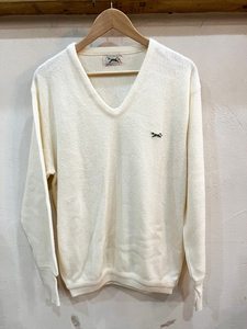 ★Made in USA★JC Penney/ジェイシーペニー The Fox Sweater 80's Vネック スクールセーター オフホワイト L フォックス ワンポイント ★