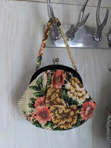  Showa Retro beads embroidery bag bulrush . floral print antique kimono small articles 