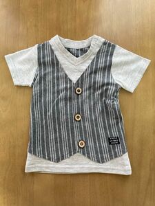 【美品】ベスト風重ね着風Tシャツ ストライプ柄 半袖 グレー 95 送料無料