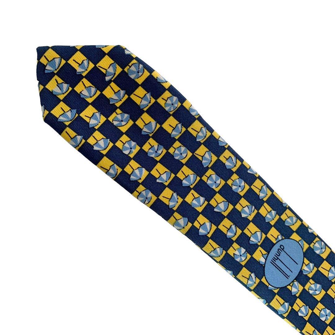 dunhill ダンヒル ネクタイ ネイビー 黄色 傘 総柄 シルク100%美品