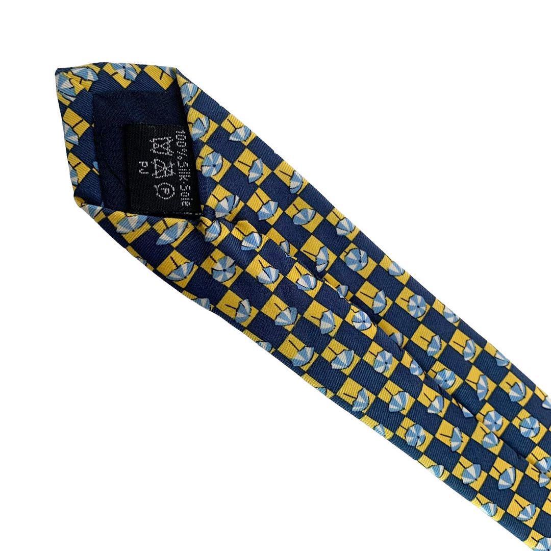 dunhill ダンヒル ネクタイ ネイビー 黄色 傘 総柄 シルク100%美品