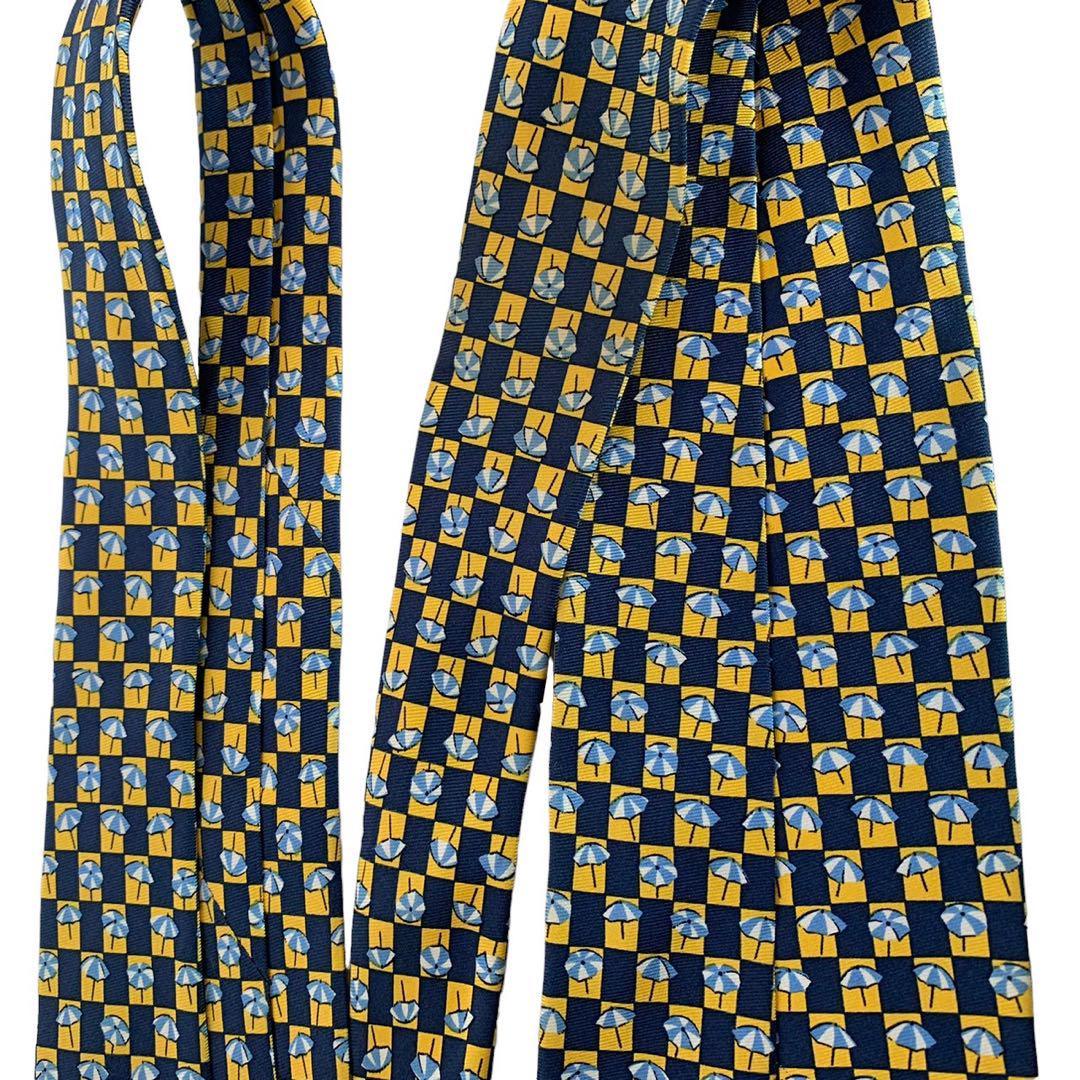 dunhill ダンヒル ネクタイ ネイビー 黄色 傘 総柄 シルク100%美品