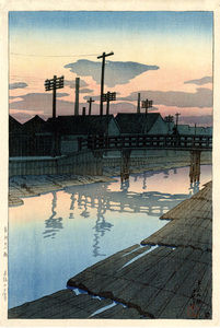  river .. water woodcut Tokyo 10 two . tree place. ... Taisho 9 year 56x38cm large size poster . made * new woodcut small . old . Yoshida . light . ukiyoe 