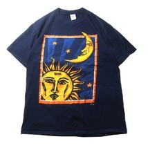 激レア! 90s USA製 Sherry's BEST ヴィンテージ Sun & Moon 月と太陽 天体 アート プリント 半袖 Tシャツ ネイビー 紺 L メンズ 古着 希少_画像2