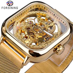 即決[ Forsining 男性機械式時計自動自己風ゴールデン透明ファッションメッシュ鋼腕時計スケルトン男男性ホット時間