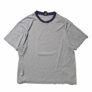 90's 00's FUN TEES ルート66 ボーダー クルーネック コットン Tシャツ 半袖 (XL) 紺×霜降り灰×白 無地 90年代 旧タグ オールド Y2K