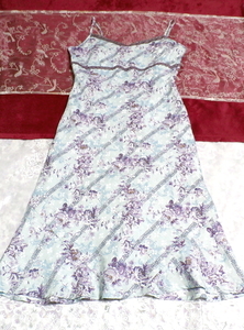 水色と紫花柄ネグリジェキャミソールワンピース/スカート Light blue purple flower pattern negligee camisole dress,ワンピース,ひざ丈スカート,Mサイズ