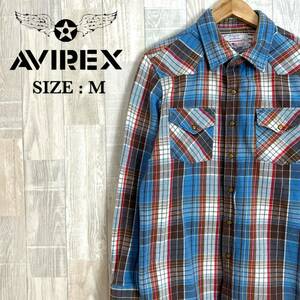 M2548 AVIREX アヴィレックス　厚手チェックシャツ　Mサイズ　チェック柄　水色　茶色　赤　白　綿100％　コットン100％　メンズ　長袖