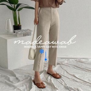 【美品】リネンブレンドセンタープレススラックス 韓国ファッション 麻 無地 Lサイズ