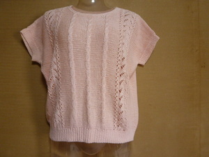 ハンドメイド 手編み 半袖 ニット ベスト セーター ピンク 総模様