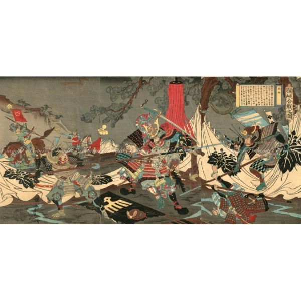 [Full-size version] Yoshu Chikanobu, Battle of Okehazama, large-format triptych, 1897, wallpaper poster, extra large, 1172mm x 576mm, peel-off sticker type, 002S1, Painting, Ukiyo-e, Prints, Warrior paintings