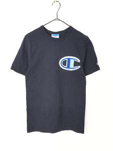 レディース 古着 Champion BIG ロゴ 刺しゅう パッチ 100% コットン Tシャツ 紺 XS 古着