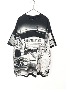 古着 90s USA製 San Francisco 街並み モノクロ フォト アート オールオーバー Tシャツ XXL 古着