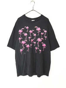 古着 00s USA製 ピンク フラミンゴ アニマル 両面 プリント Tシャツ XL 古着