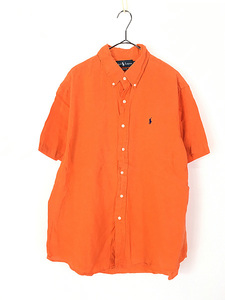古着 90s Ralph Lauren 「CUSTOM FIT」 ワンポイント ソリッド リネン 半袖 BD シャツ オレンジ XL 古着