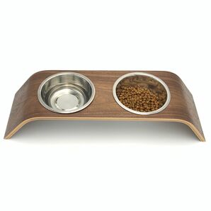 ペット用　シンプルな木製食器スタンドセット　ブラウン　猫・小型犬用　新品