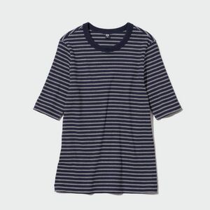 ユニクロ UNIQLO ネイビー リブ ボーダー クルーネック Tシャツ 5分袖