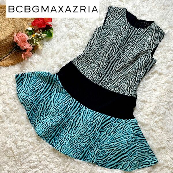 【美品！】BCBGMAXAZRIA ワンピース 04 ドレス　ヒョウ柄　ゼブラ柄　パーティ　衣装　衣裳　ノースリーブ　