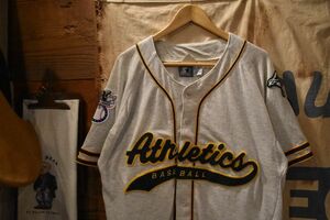 グッドアイテム◎90sビンテージSTARTERスターターAthleticsアスレチックス半袖ベースボールシャツM灰色×緑×黄色アメカジスポーツn23685