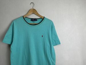 グッドカラー90sビンテージRalphLaurenラルフローレン無地クルーネックコットンTシャツLティファニーブルー100綿アメカジストリートnr23890