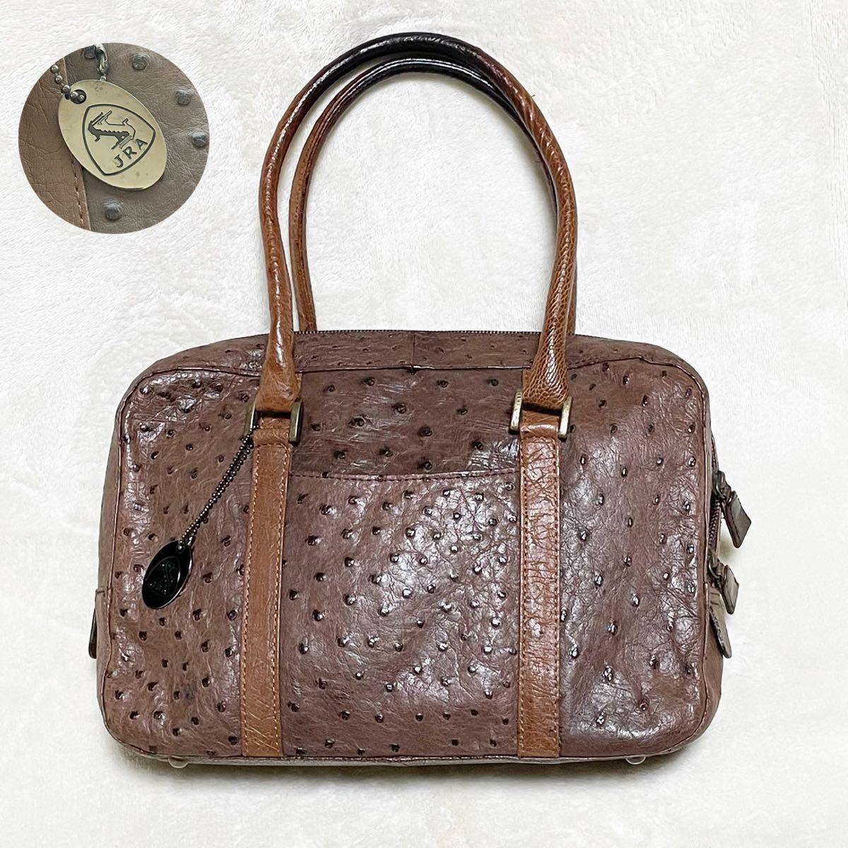 上品】 JRA認定 オーストリッチレザー 2wayバッグ ダークブラウン