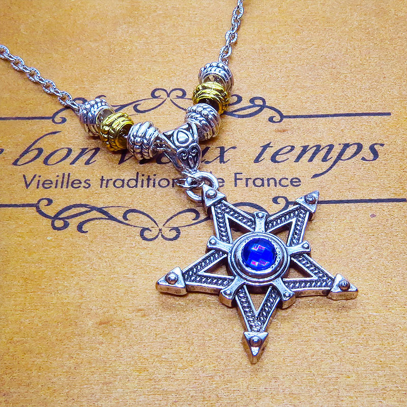 Silver color necklace with a pentagram (five-pointed star) with a blue glow in the center Punk Rock Gothic Metal Beads, Handmade, Accessories (for women), necklace, pendant, choker