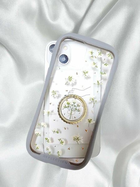 iPhoneケース　スマホケース　ハンドメイド　スマホリング　押し花携帯ケース