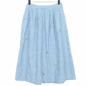 NON NO ノンノ★可愛いサイやトランク等色々刺しゅう♪ギンガム スカート 白×青系 夏秋 着回し力◎ ウエストゴム 爽やかコットン z3437