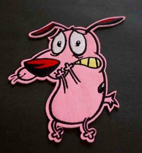 困惑顔US桃胴長犬☆新品『おくびょうなカーレッジくん』Courage the Cowardly Dog刺繍ワッペン■アニキャラ◆アメリカ■ オートバイ バイク