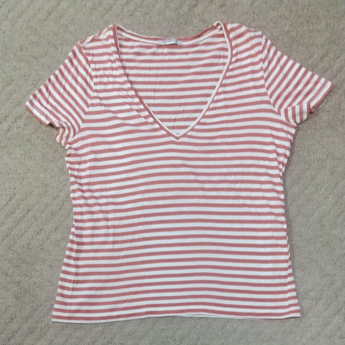 ZARAVネック 半袖ボーダーTシャツレディースMくすみピンク色