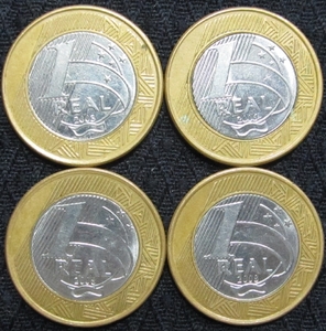 ブラジル 1レアル硬貨×4枚(2008:2枚、2003,2006:各1枚)