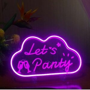 ピンク小さな雲 Let's Party ネオンサイン、USB電源 Let's Party LEDサイン、寝室用乾杯ネオンサイン