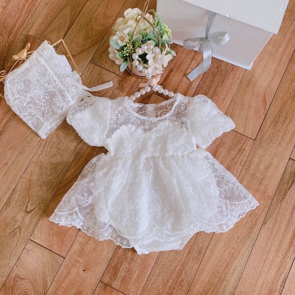 新品 ベビードレス お食い初め お宮参り 退院着 新生児 女の子 ロンパース ワンピース 結婚式 セレモニードレス