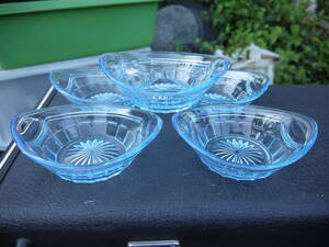 【HD30729】昭和レトロ ブルー オーバルガラス皿 5枚セット プレート 器 アンティーク インテリア 食器　青色 楕円 ガラス皿