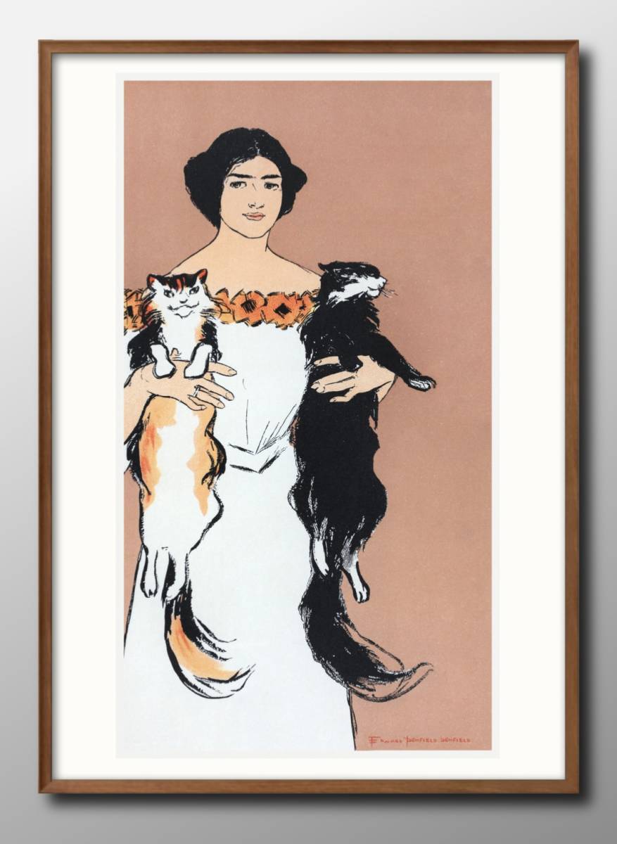 13835 ■ livraison gratuite!! Art affiche peinture A3 taille Edward Penfield femme avec un chat Illustration papier mat scandinave, résidence, intérieur, autres