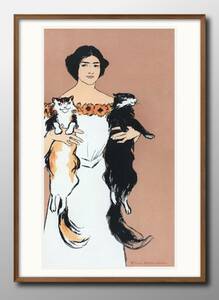 Art hand Auction 13835 ■ livraison gratuite!! Art affiche peinture A3 taille Edward Penfield femme avec un chat Illustration papier mat scandinave, résidence, intérieur, autres