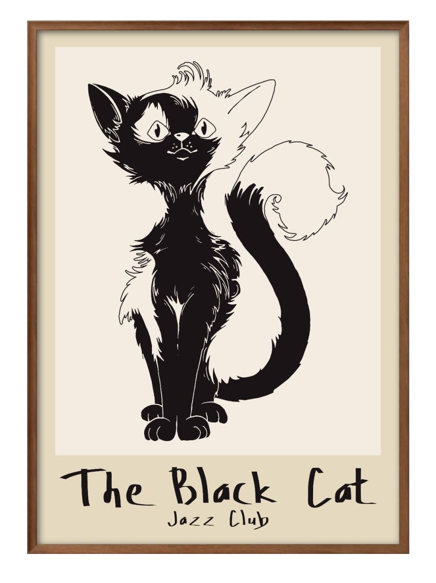 7510■Free shipping!! Art poster painting A3 size Black Cat Jazz illustration design Nordic matte paper, Housing, interior, others