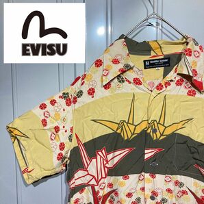 【希少デザイン】EVISU エビス 和柄 鶴 総柄 アロハシャツ ハワイアンシャツ 半袖ボタンシャツ イエロー マルチカラー XL