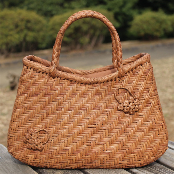 山葡萄 籠 バッグ かご 六角花嵌入網代編み 中布と内ポケット付き かごバッグ