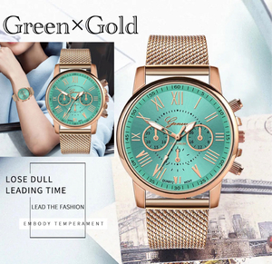 腕時計　時計 ギリシャ文字　ステンレス メッシュ アナログ メンズ クォーツ ファッション時計 男女兼用　ゴールド ウォッチ　グリーン