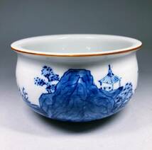 美品 有田焼 華洞作 染付山水図 建水 茶道具 煎茶器 陶器 船 舟 茶器 古美術品_画像4