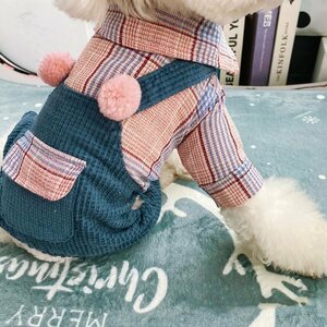 犬の服 チェック柄サロペット ロンパース 四足前開き つなぎ コスチューム 小型犬／中型犬 可愛いペット ドッグウエア 犬洋服 犬ウェア