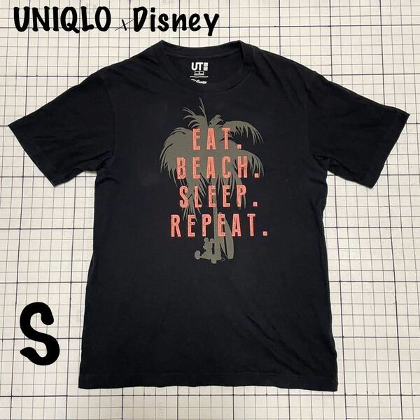 ユニクロ【UNIQLO】UT Disney ディズニーコラボ半袖Tシャツ カットソー やしの木 ミッキー mickey！Sサイズ ブラック×オレンジ/黒カーキ