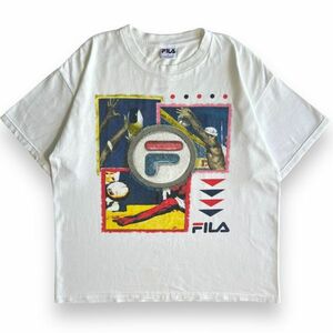 90s USA製 旧タグ FILA フィラ 半袖 プリント ロゴ Tシャツ トップス カットソー 丸首 VINTAGE 古着 ビッグサイズ L ホワイト 白