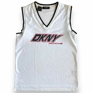 90s 旧タグ DKNY ACTIVE ダナキャラン ニューヨーク Vネック メッシュ プリント ゲーム シャツ バスケ タンクトップ ノースリーブ S 白