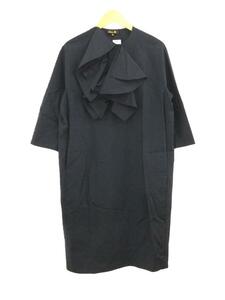 DRAWER◆フロントフリルドレス/長袖ワンピース/36/コットン/NVY/6526-299-0891