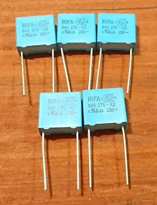 0.1μf☆コンデンサ☆キャパシタ☆5個セット☆RIFA新品☆エフェクター＆回路改造用に☆メタライズドフィルムコンデンサ☆275V☆青